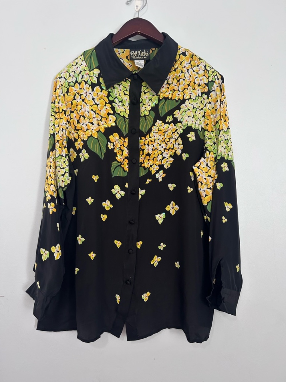 Bob Mackie Wearable Art Floral Button-Front Shirt with Yellow Blossoms 1X
